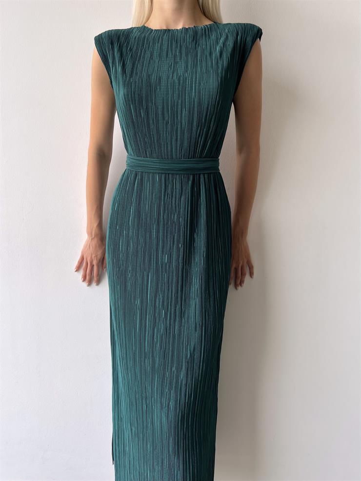 Omuz Vatkalı Beli Kuşaklı Elinar Kadın Zümrüt Elbise 23Y000417