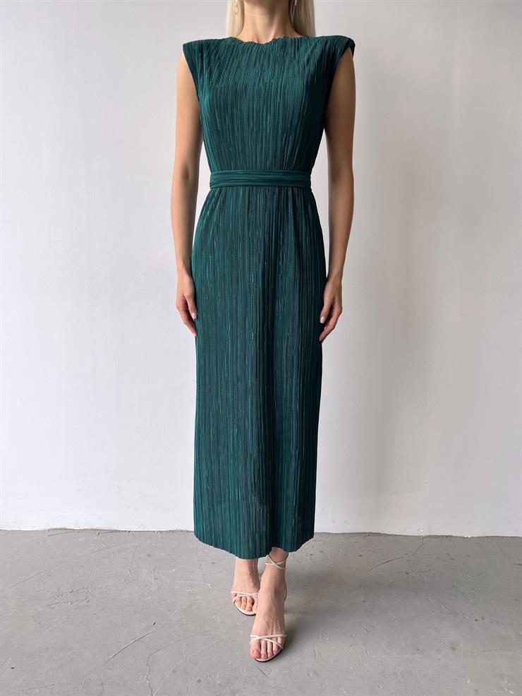 Omuz Vatkalı Beli Kuşaklı Elinar Kadın Zümrüt Elbise 23Y000417