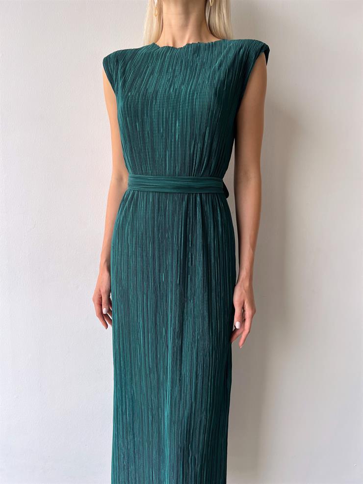 Omuz Vatkalı Beli Kuşaklı Elinar Kadın Zümrüt Elbise 23Y000417