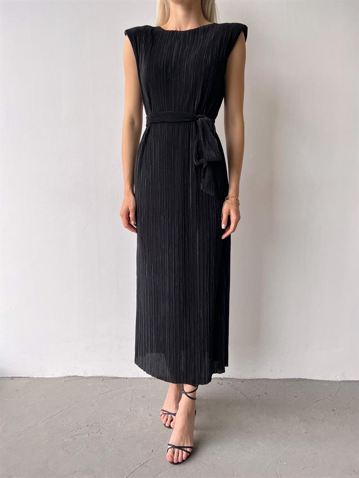 Omuz Vatkalı Beli Kuşaklı Elinar Kadın Siyah Elbise 23Y000417