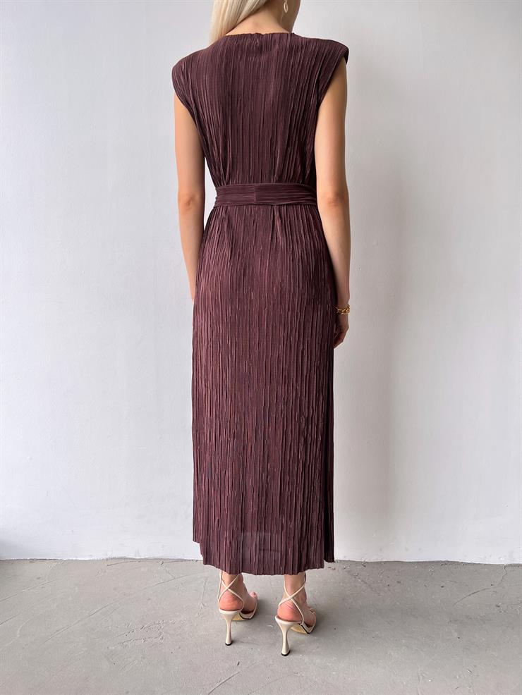 Omuz Vatkalı Beli Kuşaklı Elinar Kadın Kahve Elbise 23Y000417