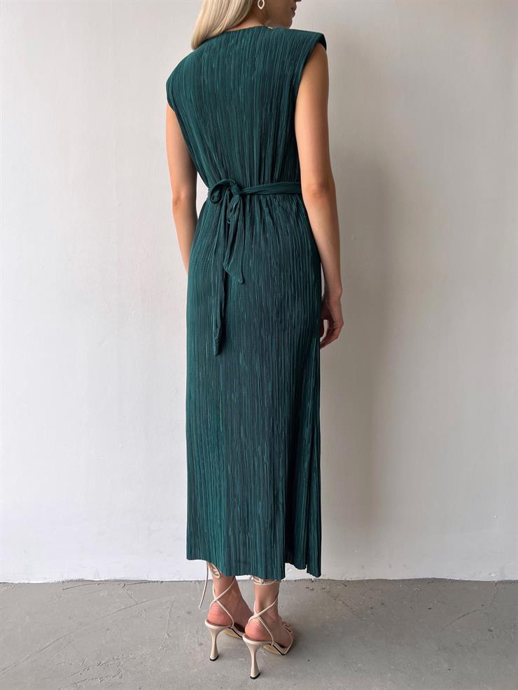 Omuz Vatkalı Beli Kuşaklı Elinar Kadın Zümrüt Elbise 23Y000417