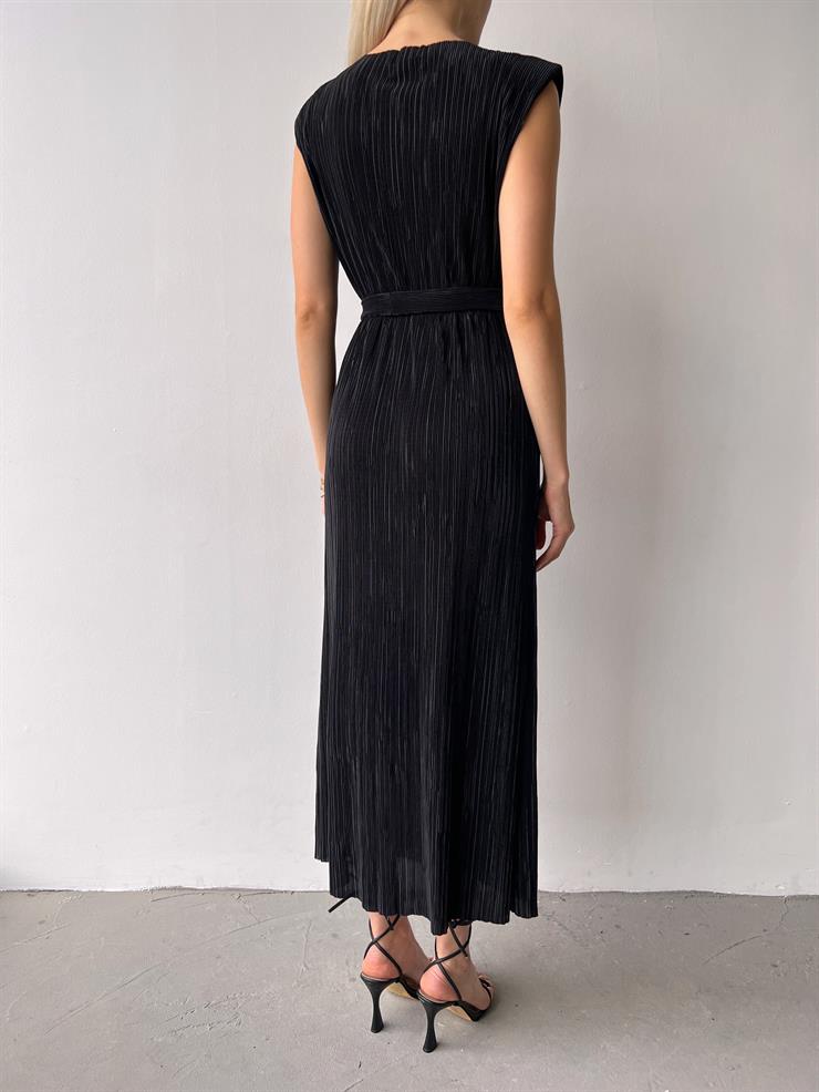 Omuz Vatkalı Beli Kuşaklı Elinar Kadın Siyah Elbise 23Y000417