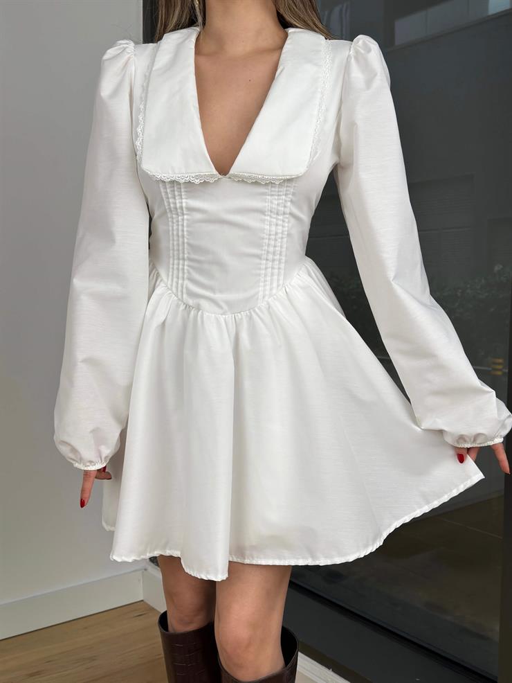 V Yaka Yaka Kısmı Dantel Detaylı Korse Görünümlü Uzun Kol Elindar Beyaz Kadın Mini Elbise 25K471