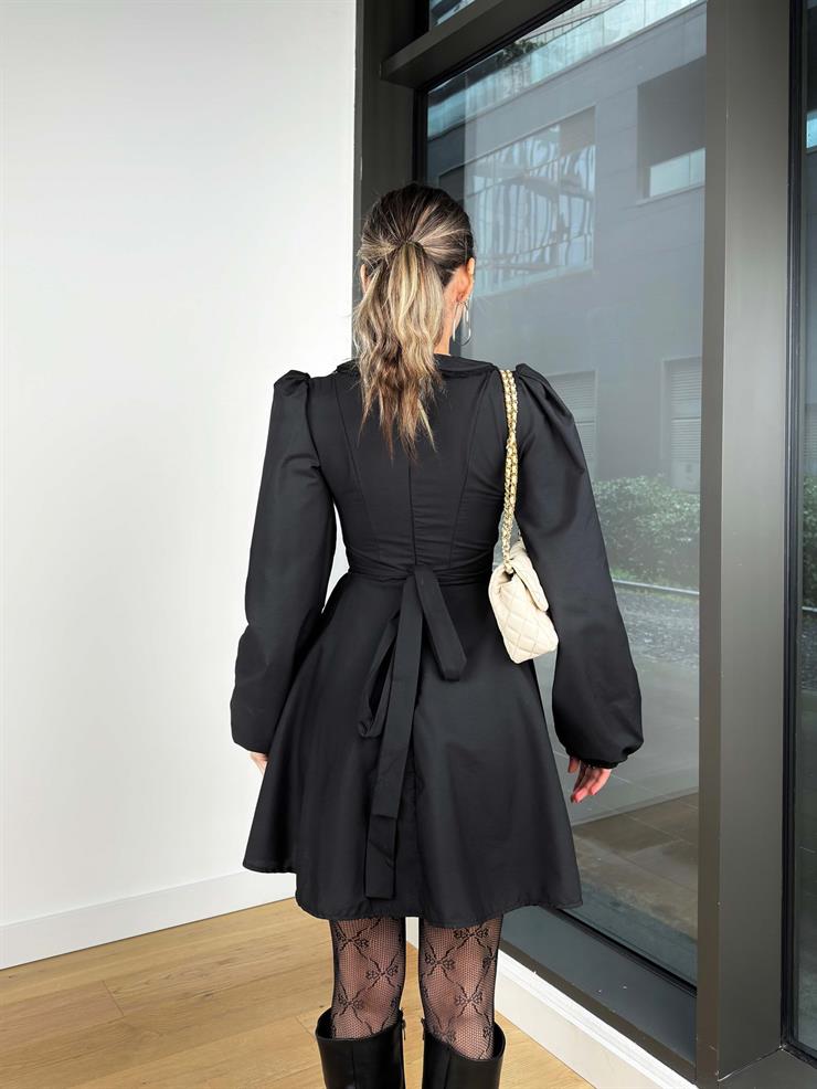 V Yaka Yaka Kısmı Dantel Detaylı Korse Görünümlü Uzun Kol Elindar Siyah Kadın Mini Elbise 25K471