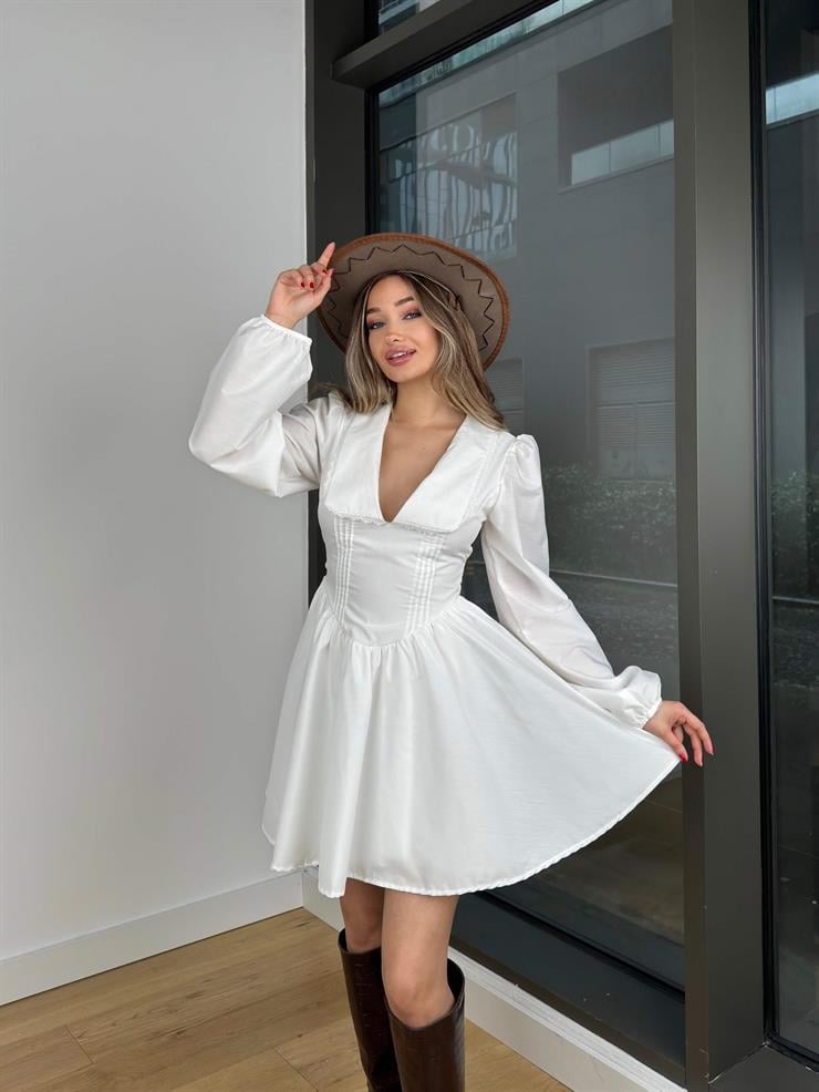 V Yaka Yaka Kısmı Dantel Detaylı Korse Görünümlü Uzun Kol Elindar Beyaz Kadın Mini Elbise 25K471