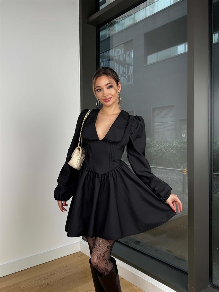 V Yaka Yaka Kısmı Dantel Detaylı Korse Görünümlü Uzun Kol Elindar Siyah Kadın Mini Elbise 25K471