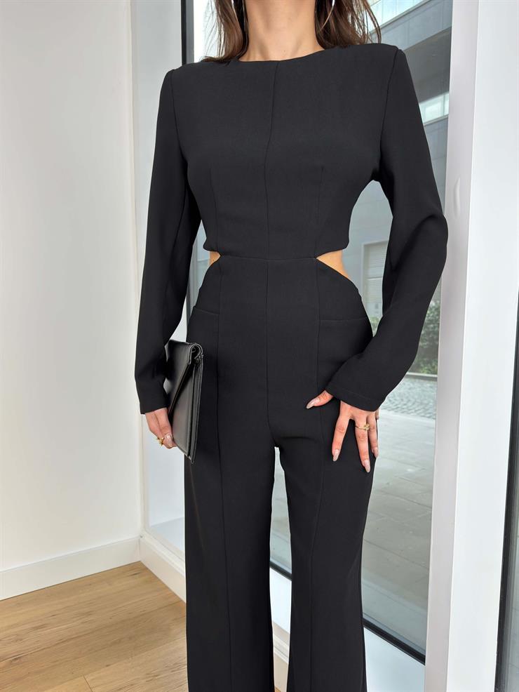 Omuz Vatkalı Beli Pencere Detaylı Bol Paça Elio Kadın Siyah Tulum 24Y132