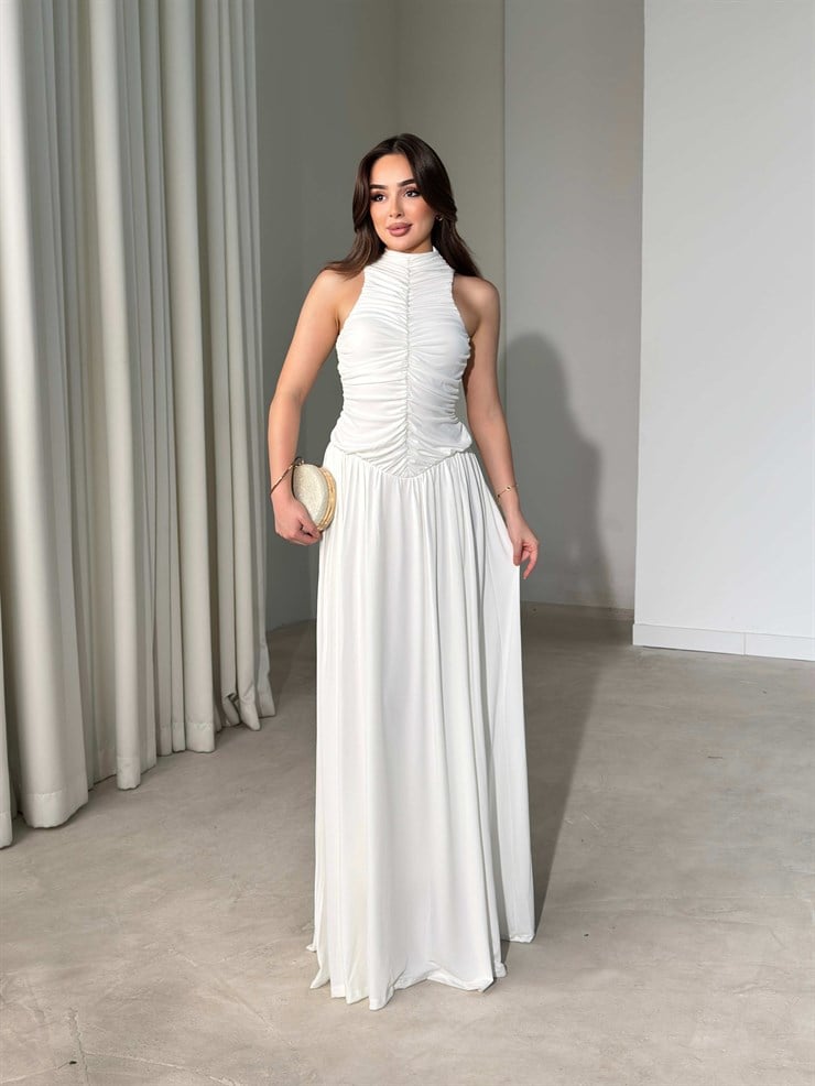 Drape Detaylı Boğazlı Maxi Boy Beyaz Elisha Kadın Elbise 26Y451