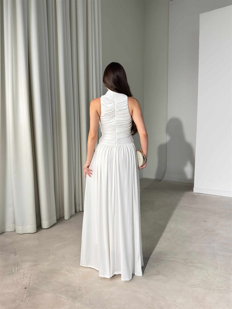 Drape Detaylı Boğazlı Maxi Boy Beyaz Elisha Kadın Elbise 26Y451