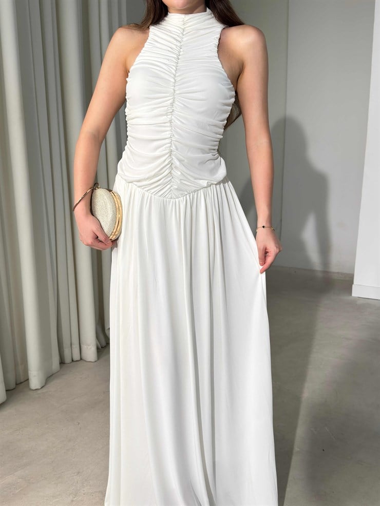 Drape Detaylı Boğazlı Maxi Boy Beyaz Elisha Kadın Elbise 26Y451