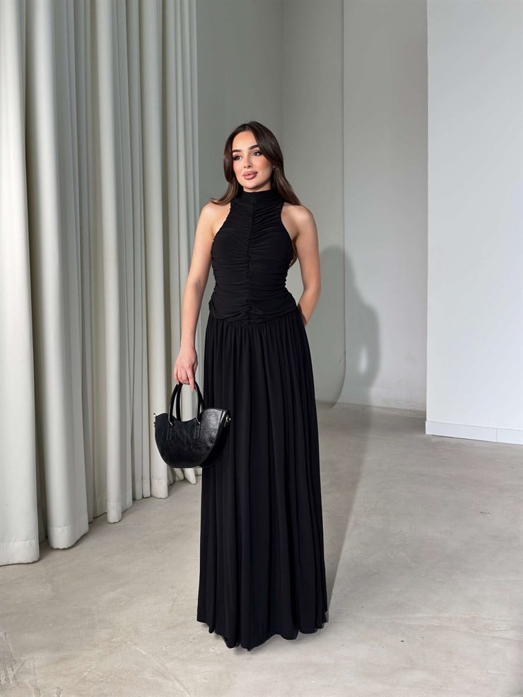 Drape Detaylı Boğazlı Maxi Boy Siyah Elisha Kadın Elbise 26Y451