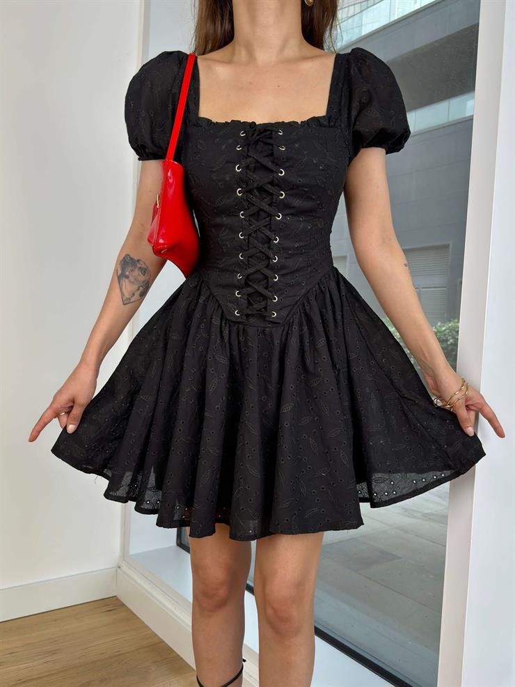 Kalp Yaka Korse Önü İp Bağlama Detaylı Elıska Kadın Siyah Mini Elbise 24Y519