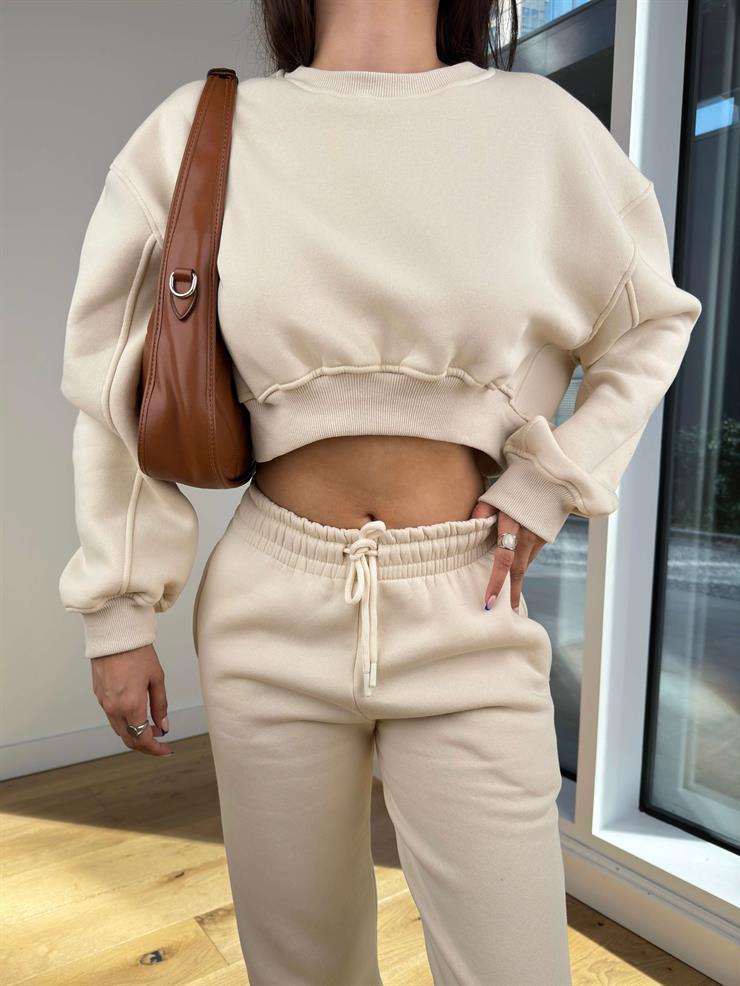 Bisiklet Yaka Crop Sweatshirt Bileği Lastikli Eşofman Altı Eliska Vizon Kadın Eşofman Takım 25K180