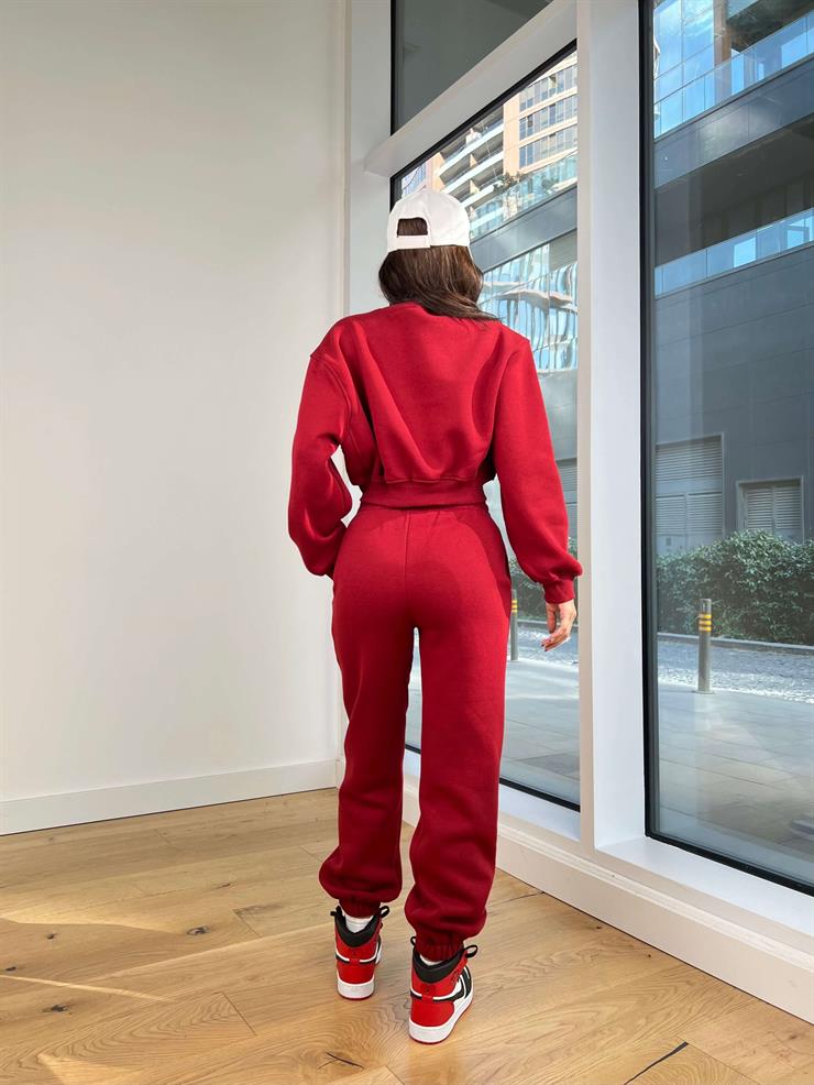 Bisiklet Yaka Crop Sweatshirt Bileği Lastikli Eşofman Altı Eliska Bordo Kadın Eşofman Takım 25K180