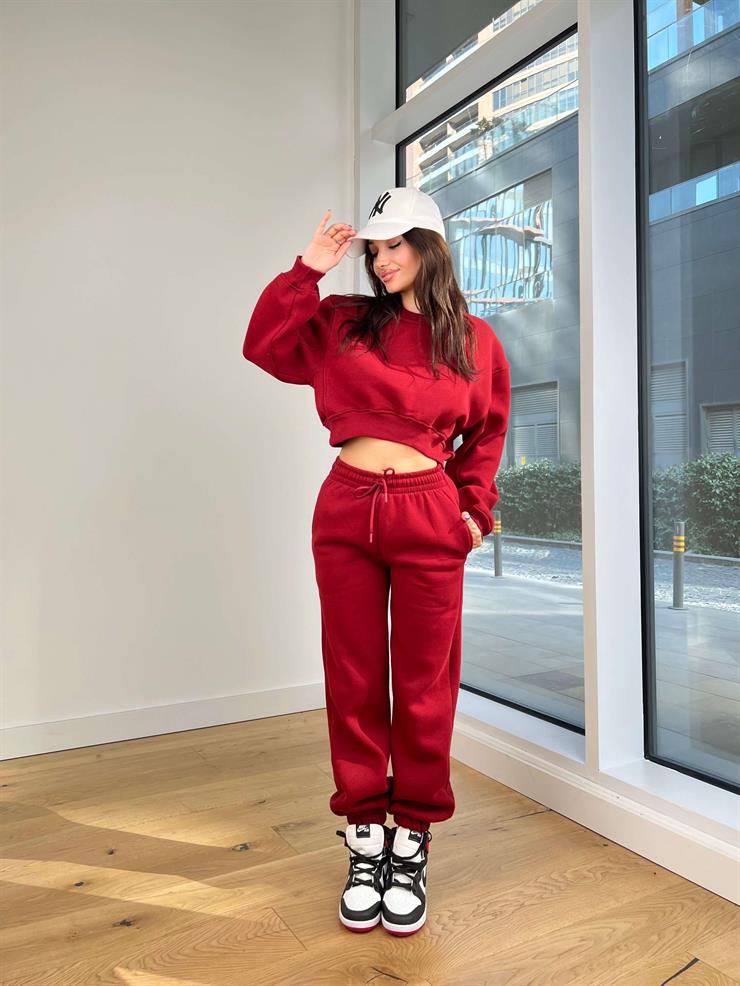 Bisiklet Yaka Crop Sweatshirt Bileği Lastikli Eşofman Altı Eliska Bordo Kadın Eşofman Takım 25K180
