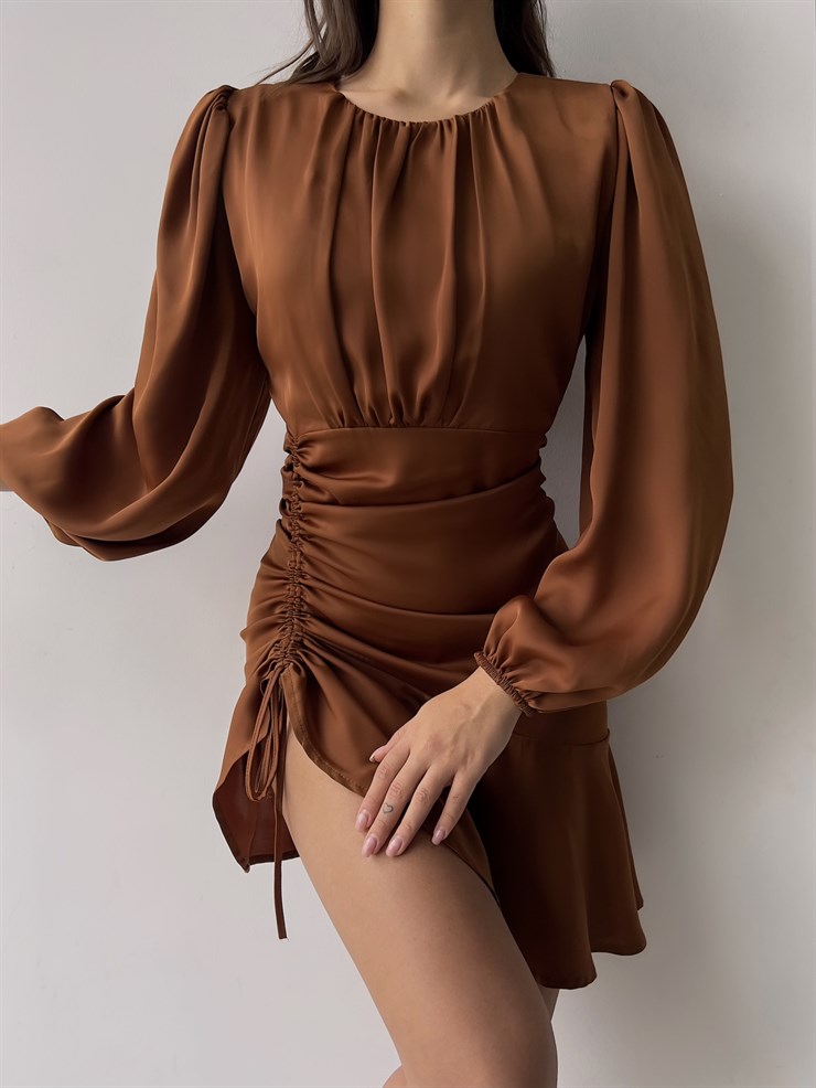 Bisiklet Yaka Eteği Volanlı Uzun Kol Elite Kadın Kahve Elbise 23K000335