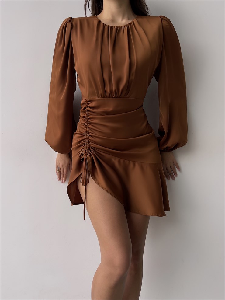 Bisiklet Yaka Eteği Volanlı Uzun Kol Elite Kadın Kahve Elbise 23K000335