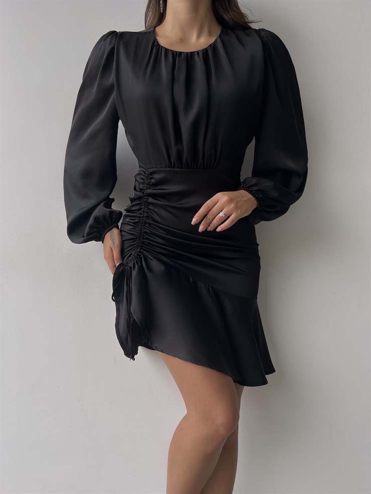 Bisiklet Yaka Eteği Volanlı Uzun Kol Elite Kadın Siyah Elbise 23K000335