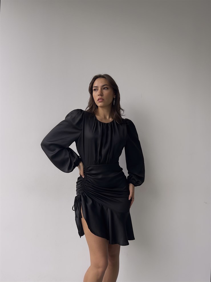 Bisiklet Yaka Eteği Volanlı Uzun Kol Elite Kadın Siyah Elbise 23K000335