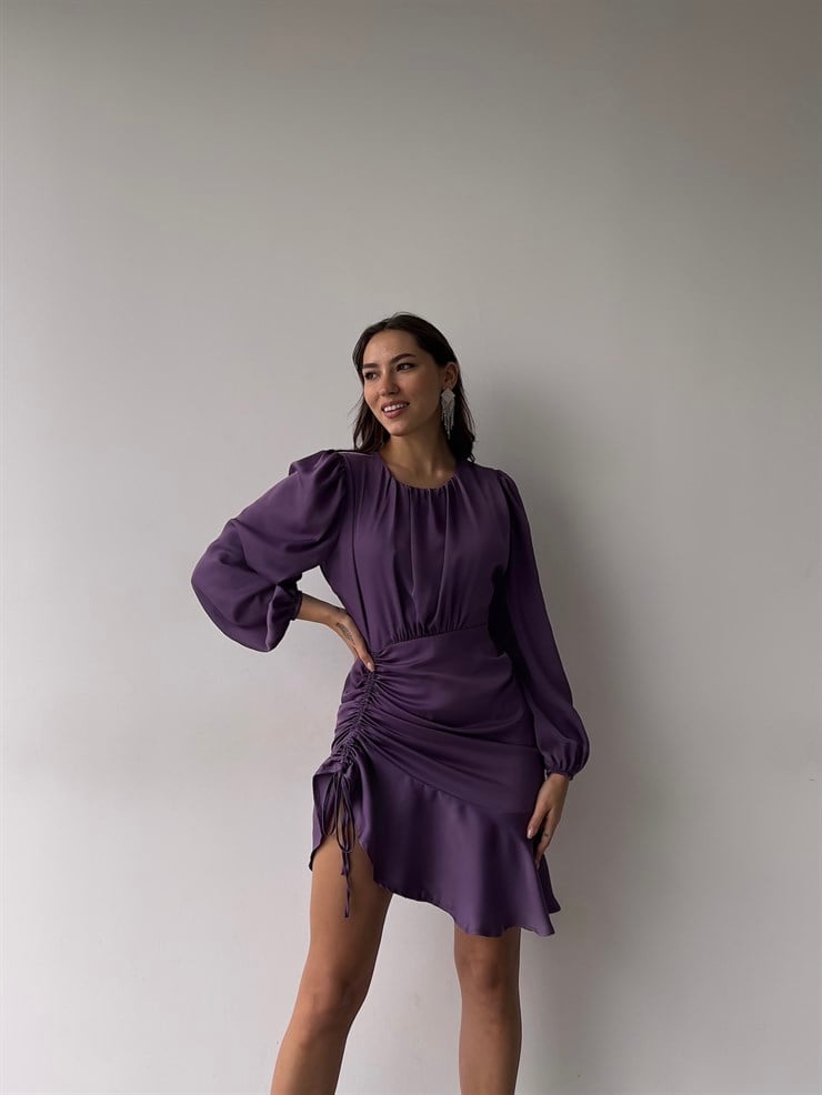 Bisiklet Yaka Eteği Volanlı Uzun Kol Elite Kadın Mürdüm Elbise 23K000335	