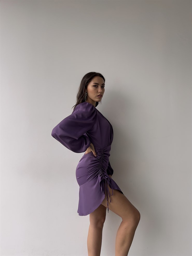 Bisiklet Yaka Eteği Volanlı Uzun Kol Elite Kadın Mürdüm Elbise 23K000335	