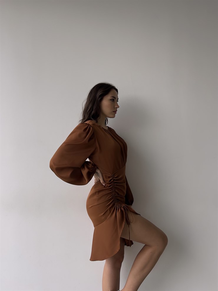 Bisiklet Yaka Eteği Volanlı Uzun Kol Elite Kadın Kahve Elbise 23K000335