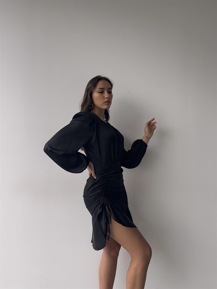 Bisiklet Yaka Eteği Volanlı Uzun Kol Elite Kadın Siyah Elbise 23K000335