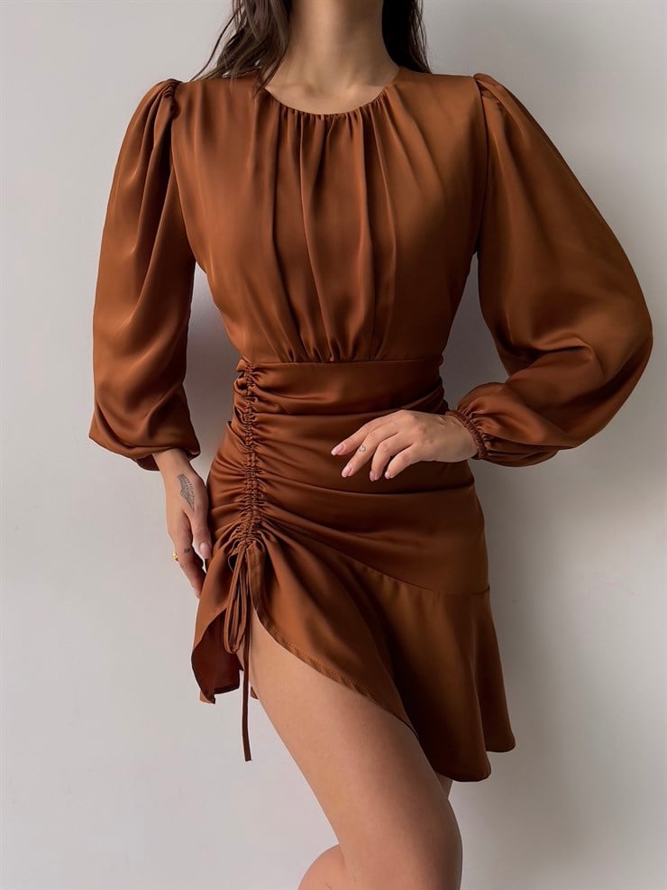 Bisiklet Yaka Eteği Volanlı Uzun Kol Elite Kadın Kahve Elbise 23K000335