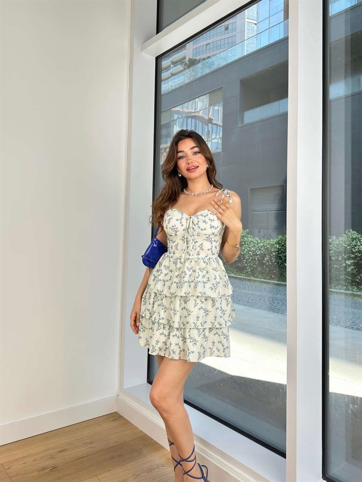 Bağlanabilir AskılıEteği Katlı Eliu Kadın Çiçekli Ekru Mini Elbise 24Y585