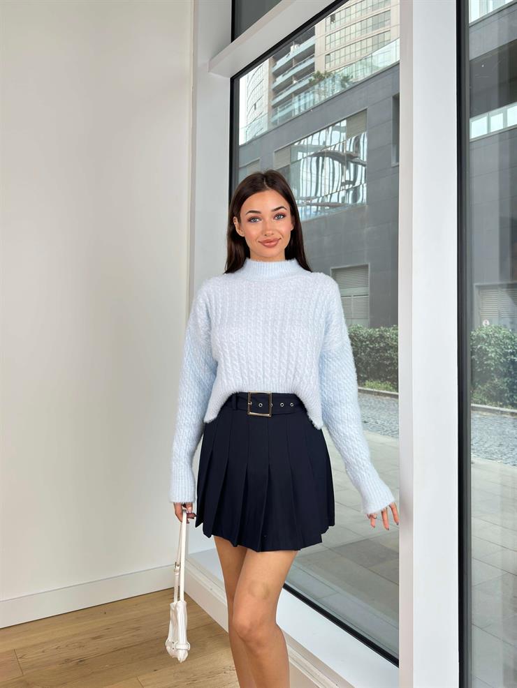 Yarım Balıkçı Yaka Örgü Görünümlü Elkin Mavi Kadın Crop Kazak 25K188