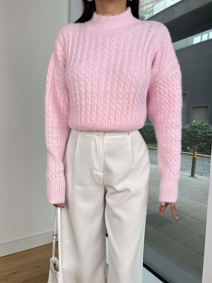 Yarım Balıkçı Yaka Örgü Görünümlü Elkin Pembe Kadın Crop Kazak 25K188