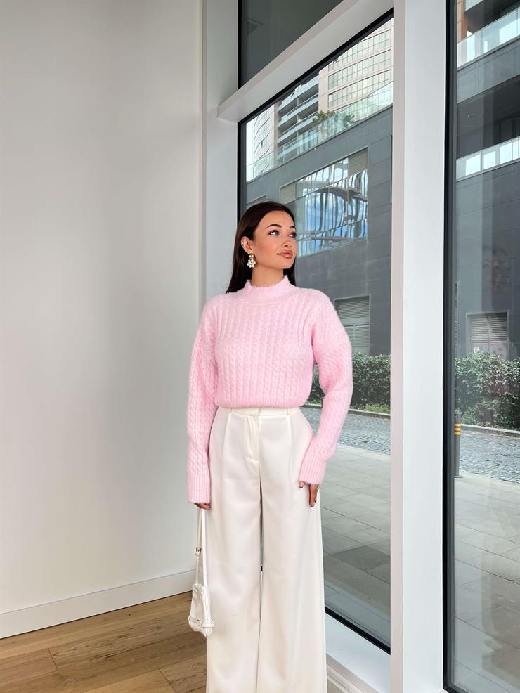 Yarım Balıkçı Yaka Örgü Görünümlü Elkin Pembe Kadın Crop Kazak 25K188