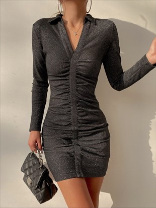 Simli Önden Düğmeli Ellie Kadın Antrasit Elbise 22K000427