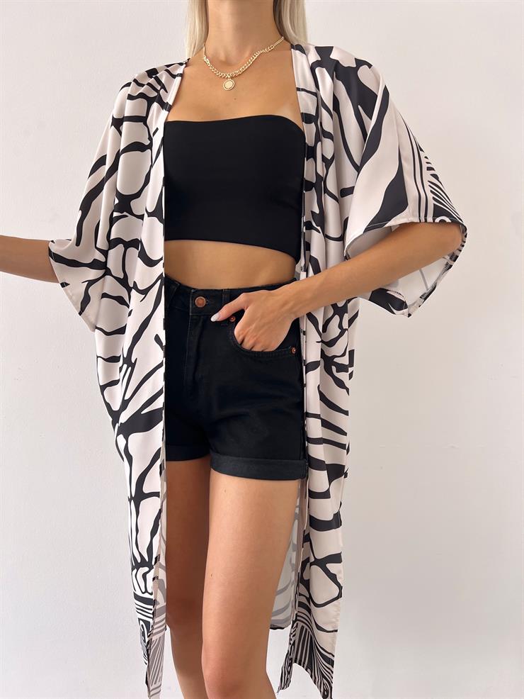 Belden Kuşaklı Yarım Bol Kol Ellin Kadın Siyah Kimono 23Y000545