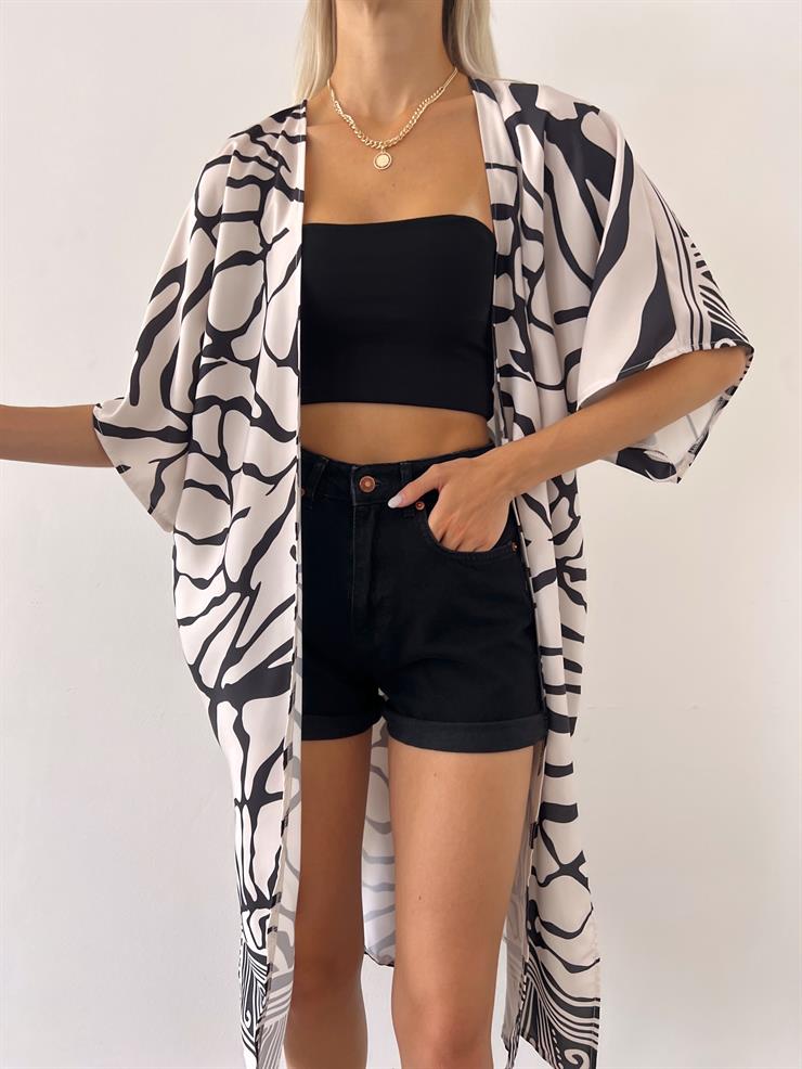 Belden Kuşaklı Yarım Bol Kol Ellin Kadın Siyah Kimono 23Y000545