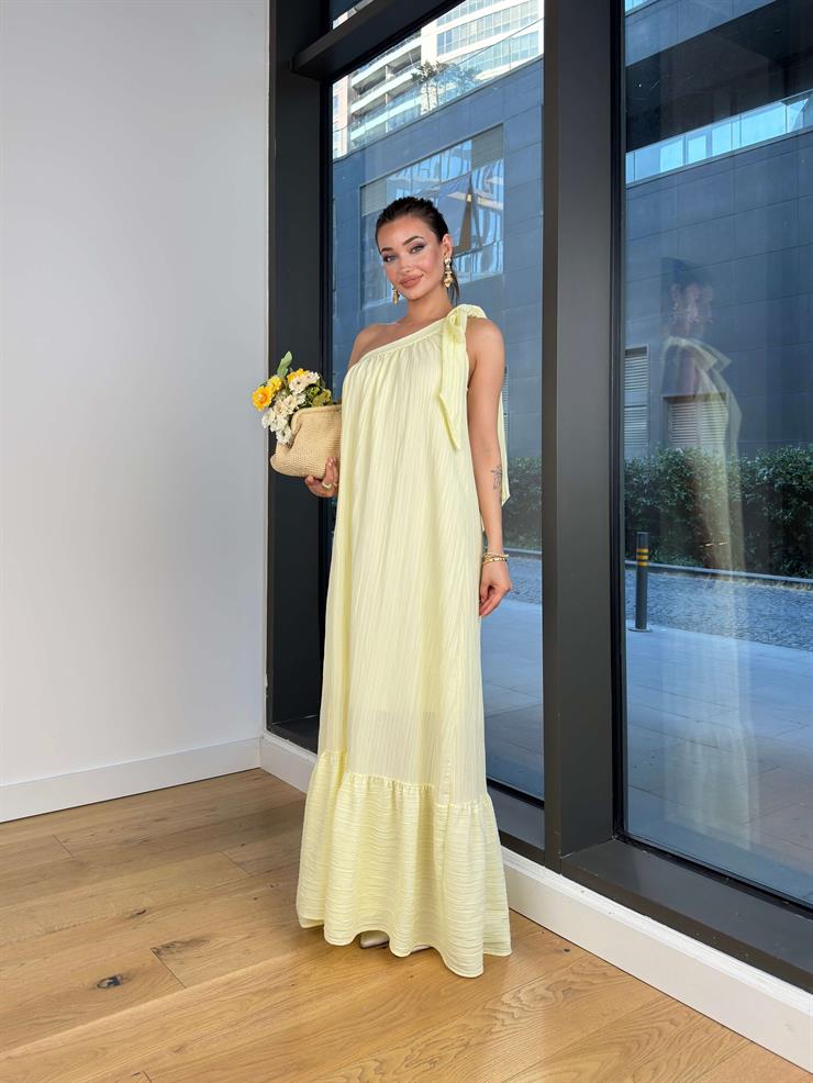 Tek Omuz Fiyonk Askılı Elliot Kadın Sarı Keten Maxi Elbise 24Y466