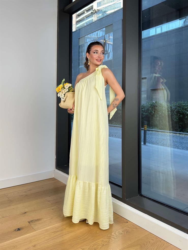 Tek Omuz Fiyonk Askılı Elliot Kadın Sarı Keten Maxi Elbise 24Y466
