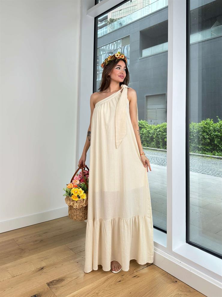 Tek Omuz Fiyonk Askılı Elliot Kadın Natural Keten Maxi Elbise 24Y466