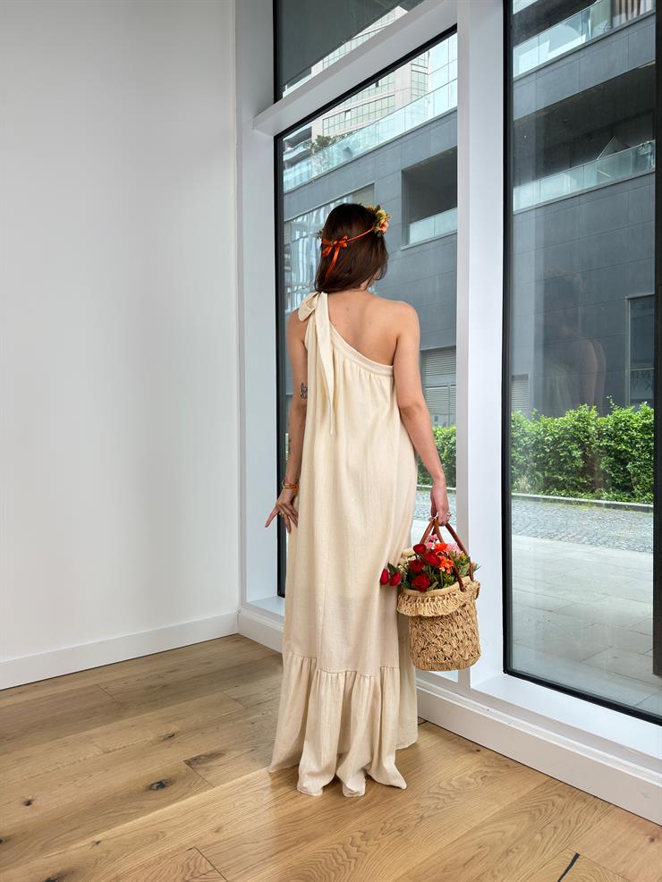 Tek Omuz Fiyonk Askılı Elliot Kadın Natural Keten Maxi Elbise 24Y466