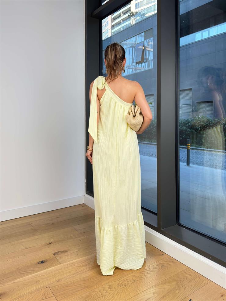 Tek Omuz Fiyonk Askılı Elliot Kadın Sarı Keten Maxi Elbise 24Y466