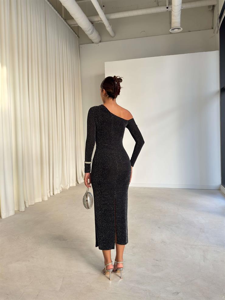 Parlak Tek Omuz Arkası Yırtmaçlı Elliott Siyah Kadın Elbise 26K230