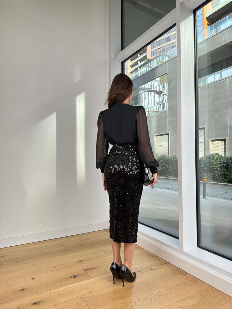 Kruvaze Yaka Tül Kol Eteği Payetli Elmin Siyah Pullu Kadın Midi Elbise 25K301