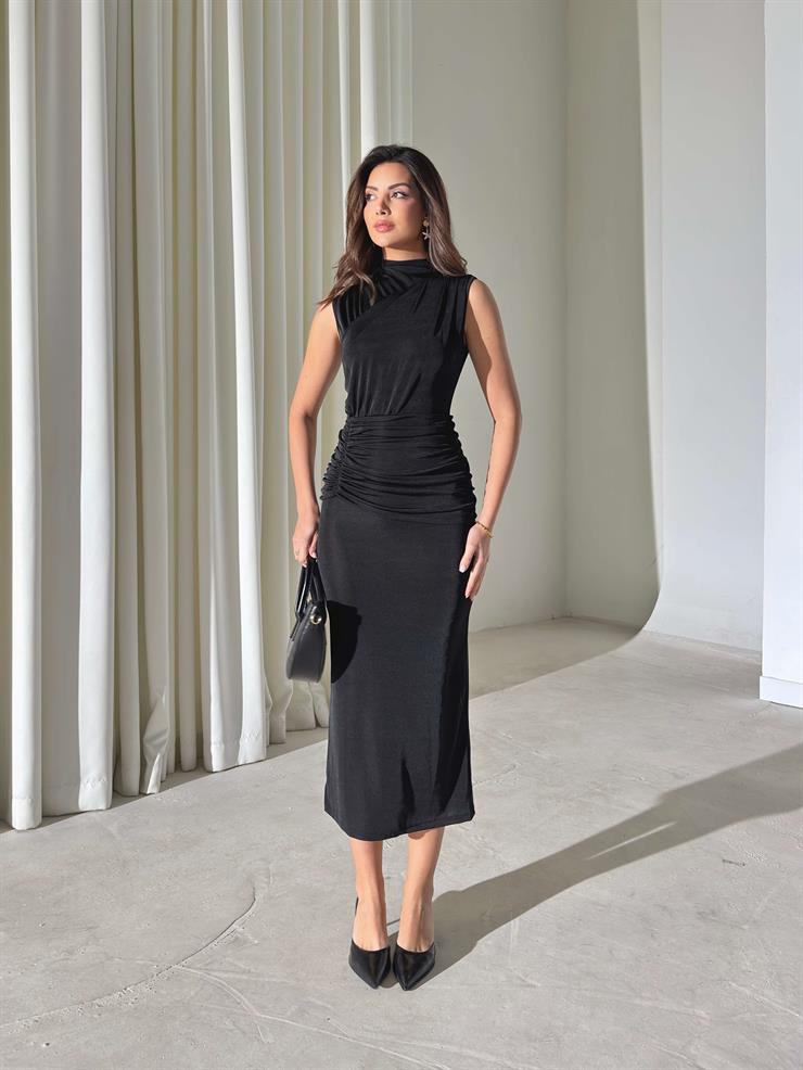 Drapeli Sıfır Kol Elnordi Siyah Kadın Elbise 26Y005