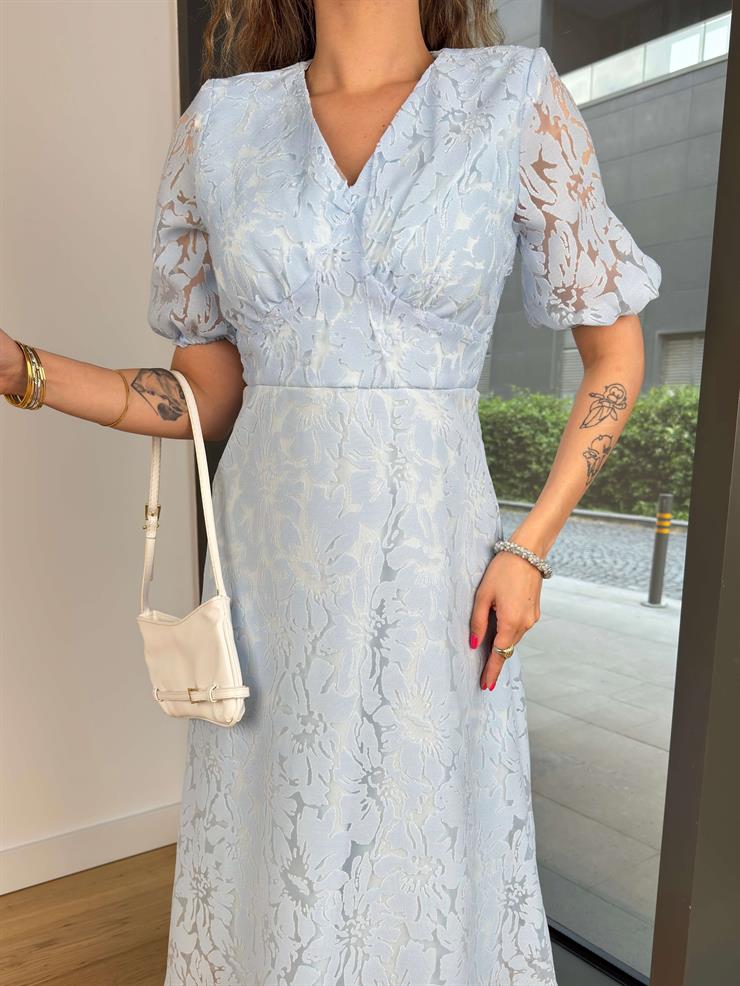 V Yaka Dantel Detaylı Elonma Mavi Kadın Elbise 25Y407