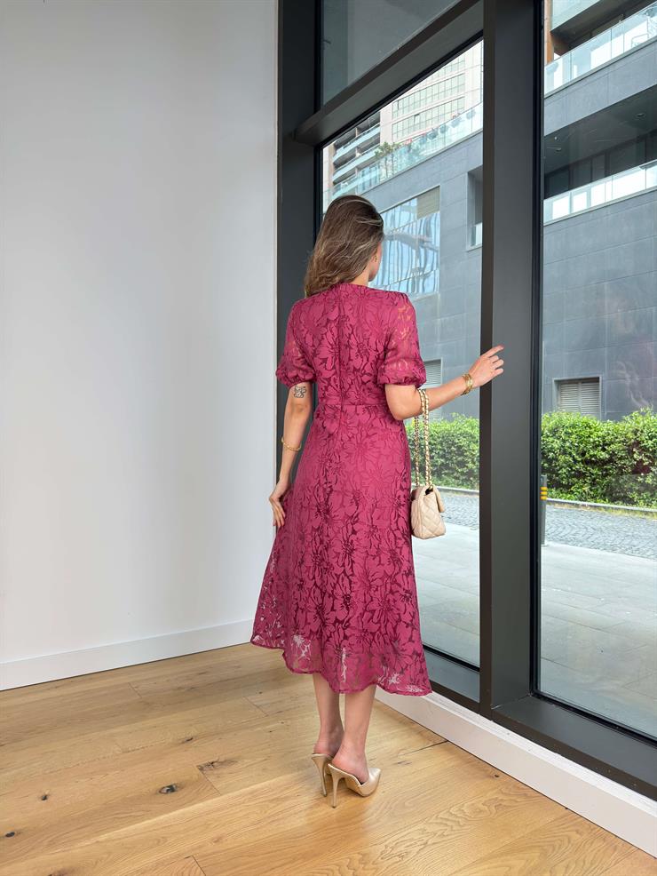 V Yaka Dantel Detaylı Elonma Bordo Kadın Elbise 25Y407