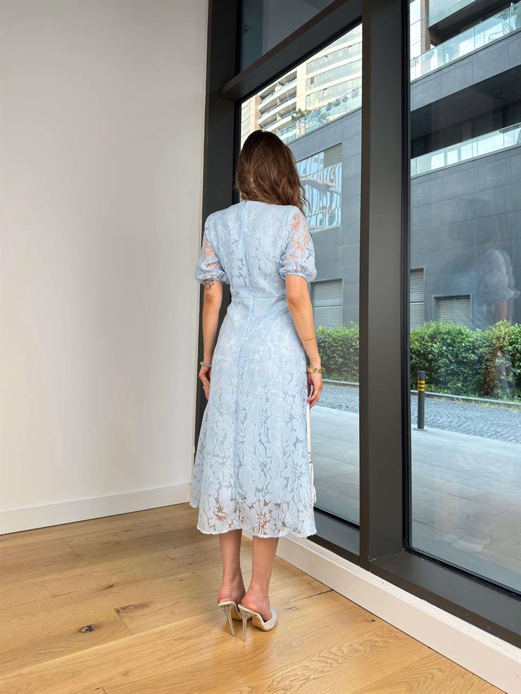 V Yaka Dantel Detaylı Elonma Mavi Kadın Elbise 25Y407