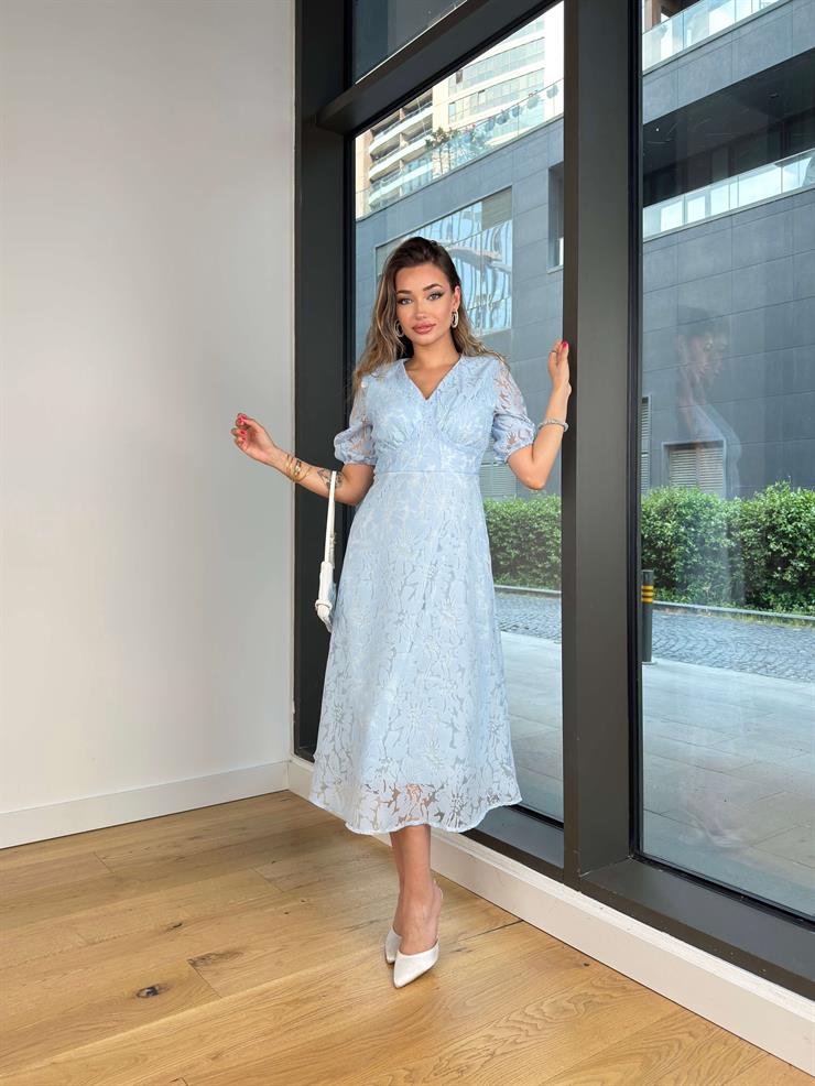 V Yaka Dantel Detaylı Elonma Mavi Kadın Elbise 25Y407