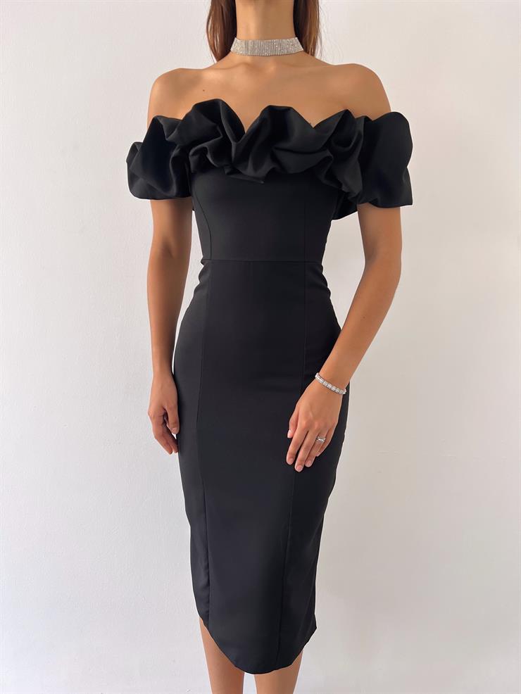 Madonna Yaka Elroy Kadın Siyah Midi Elbise 23Y000207