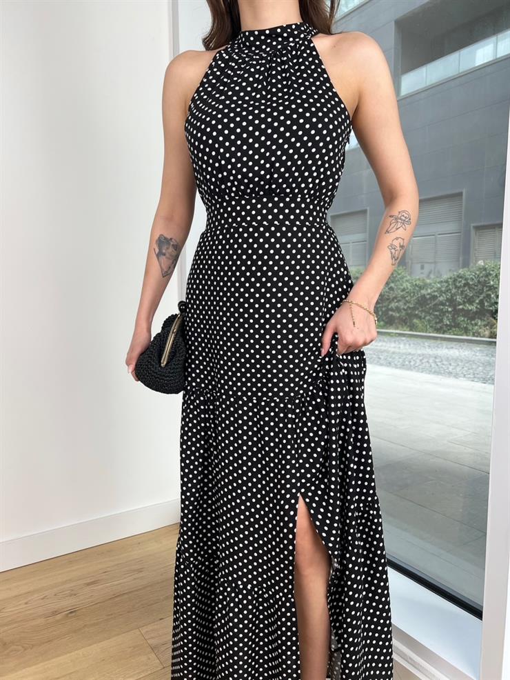 Kolsuz Bağlama Detaylı Belden Oturtmalı Puantiyeli Elsa Kadın Siyah Elbise 24Y334